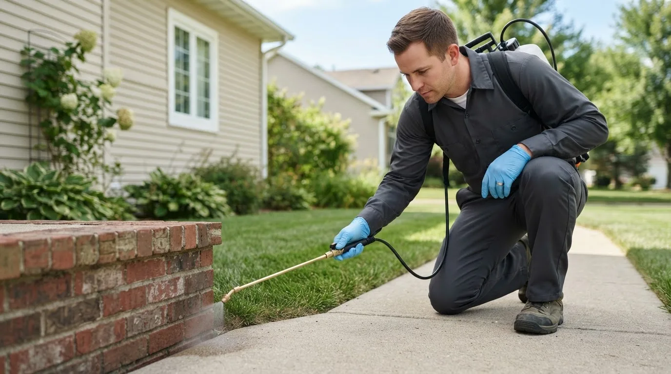Pest control technician treating a home near Bliss, ID